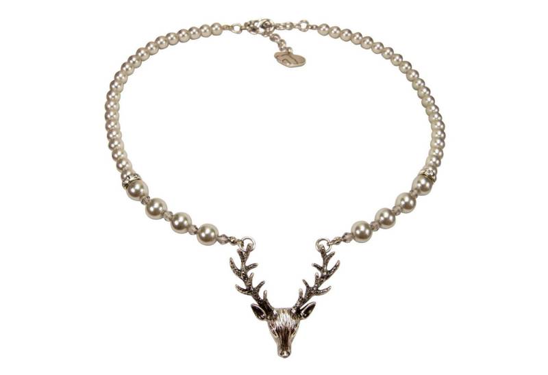 Alpenflüstern Collier Perlen-Trachtenkette Hirsch (silber-grau), - Damen-Trachtenschmuck mit Hirsch-Geweih, elegante Dirndlkette von Alpenflüstern