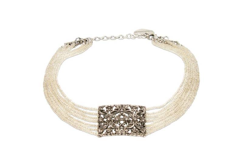 Alpenflüstern Collier Trachten-Perlen-Kropfkette Edelweiß-Ornament (klar-kristall), - elegante Trachtenkette - nostalgischer Damen-Trachtenschmuck, filigrane Dirndlkette von Alpenflüstern