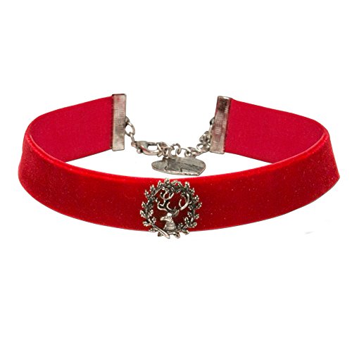 Alpenflüstern Trachten-Samt-Kropfband Hirsch - Trachtenkette enganliegend, Kropfkette elastisch mit Hirschgeweih, eleganter Damen-Trachtenschmuck, Samtkropfband breit rot DHK173 von Alpenflüstern