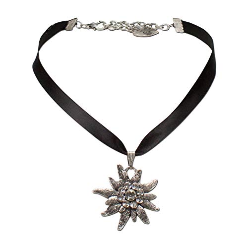 Alpenflüstern Satin-Trachtenkette Strass-Edelweiß - Damen-Trachtenschmuck Dirndlkette schwarz DHK115 von Alpenflüstern