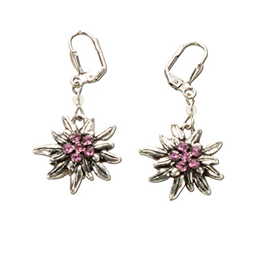 Alpenflüstern Trachten-Ohrhänger Strass-Edelweiß - Damen-Trachtenschmuck, Trachten-Ohrringe antik-silber-farben mit Strass-Steinen (rosé-rosa) DOR008 von Alpenflüstern