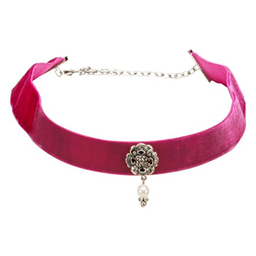 Alpenflüstern Trachten-Samt-Kropfband Elfrida mit Ornament und Perle - nostalgische Trachtenkette enganliegend, Kropfkette elastisch, Damen-Trachtenschmuck, Samtkropfband breit pink-fuchsia DHK168 von Alpenflüstern