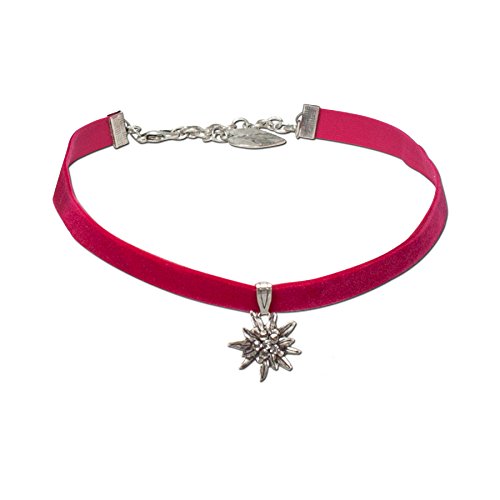 Alpenflüstern Trachten-Samt-Kropfband Strass-Edelweiß klein - Trachtenkette enganliegend, Kropfkette elastisch, Damen-Trachtenschmuck, Samtkropfband schmal pink-fuchsia DHK099 von Alpenflüstern