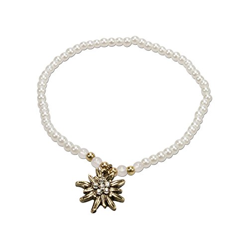 Alpenflüstern Filigran Perlen-Trachten-Armband Strass-Edelweiß - Damen-Trachtenschmuck mit antik-Gold-farbenem Edelweiss, elastische Trachten-Armkette, Perlenarmband Creme-weiß DAB050 von Alpenflüstern