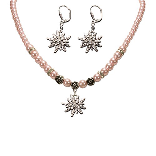 Alpenflüstern Trachtenschmuck-Set Perlen-Trachtenkette und Trachten-Ohrhänger Strass-Edelweiß - Damen-Trachten-Schmuck, Trachtenset Dirndl-Kette und Trachten-Ohrringe rosé-rosa SET005 von Alpenflüstern