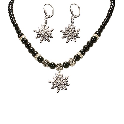 Alpenflüstern Trachtenschmuck-Set Perlen-Trachtenkette und Trachten-Ohrhänger Strass-Edelweiß - Damen-Trachten-Schmuck, Trachtenset Dirndl-Kette und Trachten-Ohrringe schwarz SET005 von Alpenflüstern