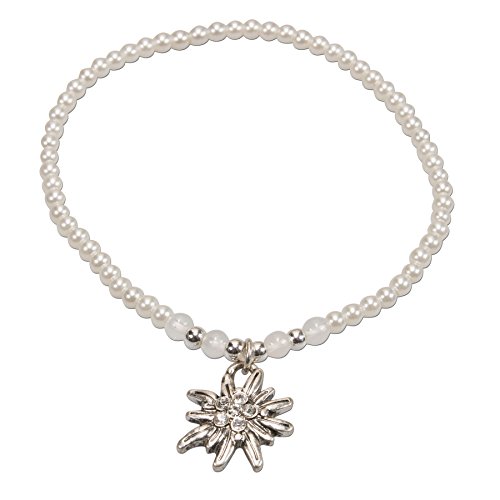 Alpenflüstern Filigran Perlen-Trachten-Armband Strass-Edelweiß - Damen-Trachtenschmuck mit antik-silber-farbenem Edelweiss, elastische Trachten-Armkette, Perlenarmband creme-weiß DAB054 von Alpenflüstern