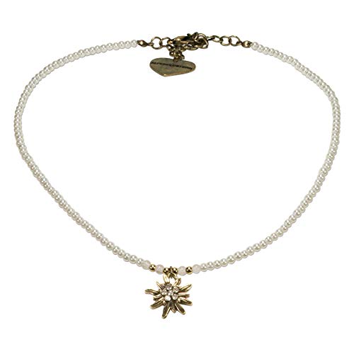 Alpenflüstern Filigran Perlen-Trachtenkette Strass-Edelweiß - Damen-Trachtenschmuck mit antik-gold-farbenem Edelweiss, Dirndlkette in traditionellen Farben DHK181 (creme-weiß) von Alpenflüstern