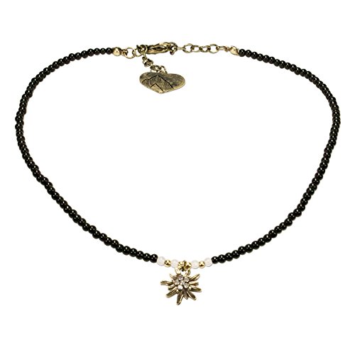 Alpenflüstern Filigran Perlen-Trachtenkette Strass-Edelweiß - Damen-Trachtenschmuck mit antik-gold-farbenem Edelweiss, Dirndlkette schwarz DHK181 von Alpenflüstern