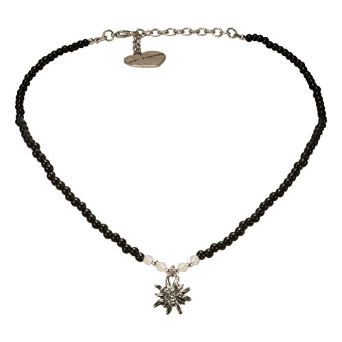 Alpenflüstern Filigran Perlen-Trachtenkette Strass-Edelweiß - Damen-Trachtenschmuck mit antik-silber-farbenem Edelweiss, Dirndlkette schwarz DHK204 von Alpenflüstern