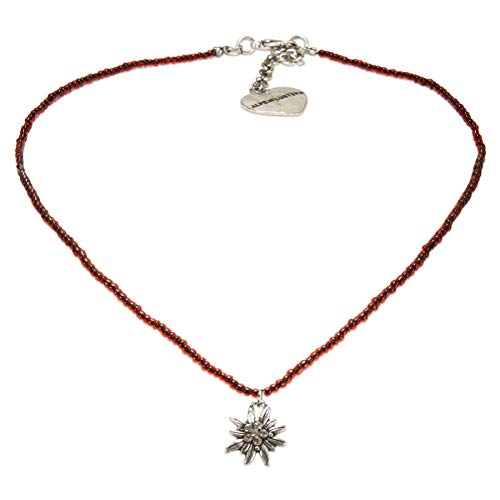 Alpenflüstern Filigrane Mini-Perlenhalskette Strassedelweiss - Damen-Trachtenschmuck mit antik-silber-farbenem Edelweiss, Dirndlkette rot DHK258 von Alpenflüstern