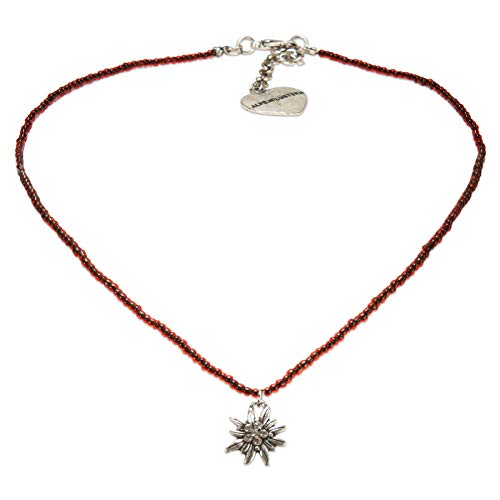 Alpenflüstern Filigrane Mini-Perlenhalskette Strassedelweiss - Damen-Trachtenschmuck mit antik-Silber-farbenem Edelweiss, Dirndlkette rot DHK258 von Alpenflüstern
