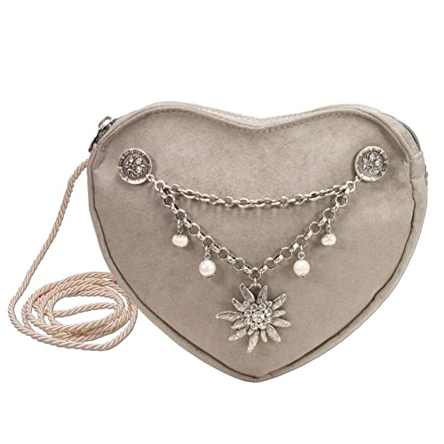 Alpenflüstern Herztasche Charivari Strass-Edelweiss - Damen Trachtentasche in Herzform, Schultertasche fürs Dirndl, Herz Handtasche zur Tracht, Dirndltasche (taupe-grau) DTA064 von Alpenflüstern