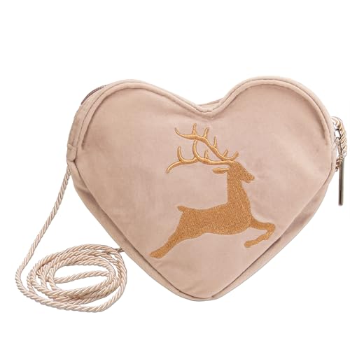 Alpenflüstern Herztasche Hirsch - Damen Trachtentasche in Herzform, Schultertasche fürs Dirndl, Herz Handtasche zur Tracht, Dirndltasche (taupe-grau) DTA098 von Alpenflüstern