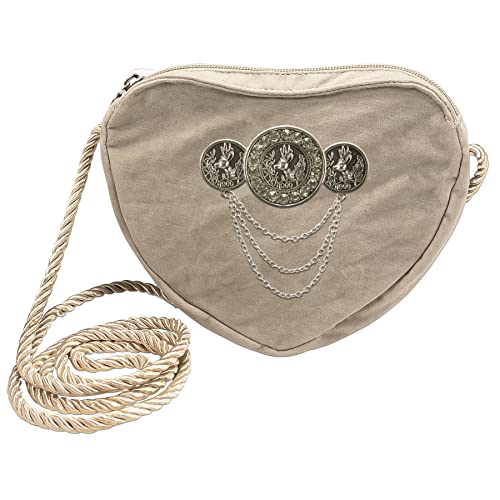 Alpenflüstern Herztasche Hirschmünzen - Damen Trachtentasche in Herzform, Schultertasche fürs Dirndl, Herz Handtasche zur Tracht, Dirndltasche (taupe-grau) DTA090 von Alpenflüstern