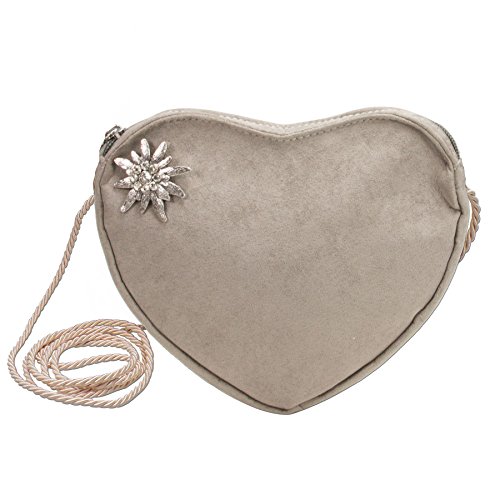 Alpenflüstern Herztasche Strass-Edelweiß - Damen Trachtentasche in Herzform, Schultertasche fürs Dirndl, Herz Handtasche zur Tracht, Dirndltasche (taupe-grau) DTA066 von Alpenflüstern