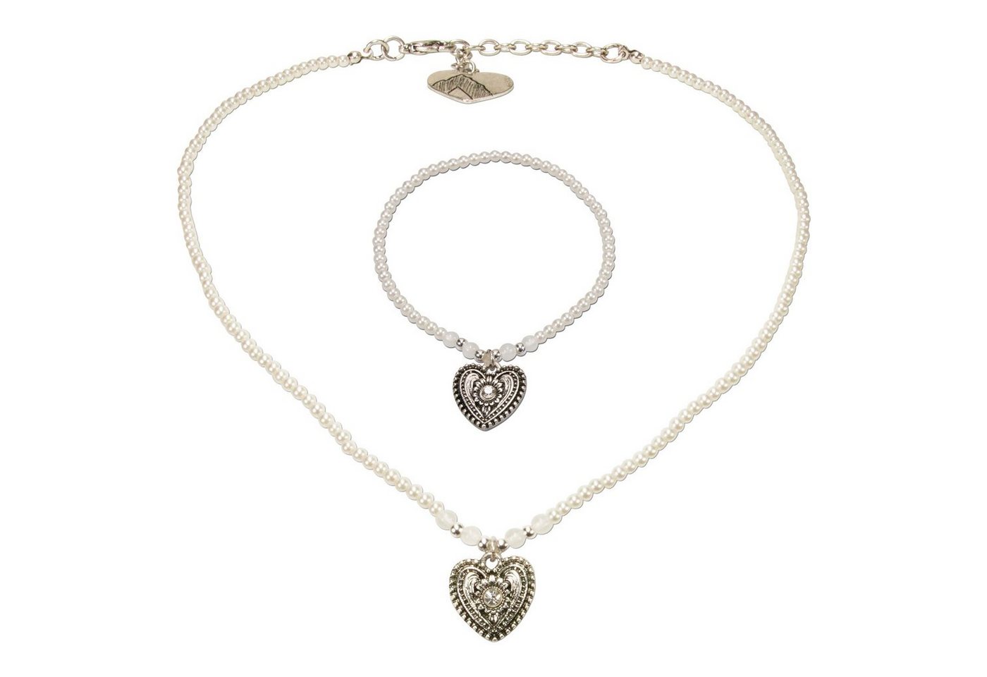 Alpenflüstern Ketten-Set Trachtenschmuck-Set Filigran Perlen-Trachtenkette und Trachten-Armband Trachtenherz (creme-weiß), - Damen-Trachten-Schmuck, Trachtenset Dirndl-Kette und Trachten-Armkette von Alpenflüstern