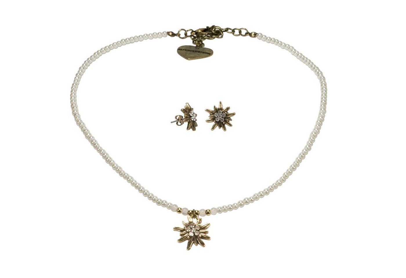 Alpenflüstern Ketten-Set Trachtenschmuck-Set Filigran Perlen-Trachtenkette und Trachten-Ohrstecker Strass-Edelweiß (creme-weiß), - Damen-Trachten-Schmuck antik-gold-farben, Trachtenset von Alpenflüstern