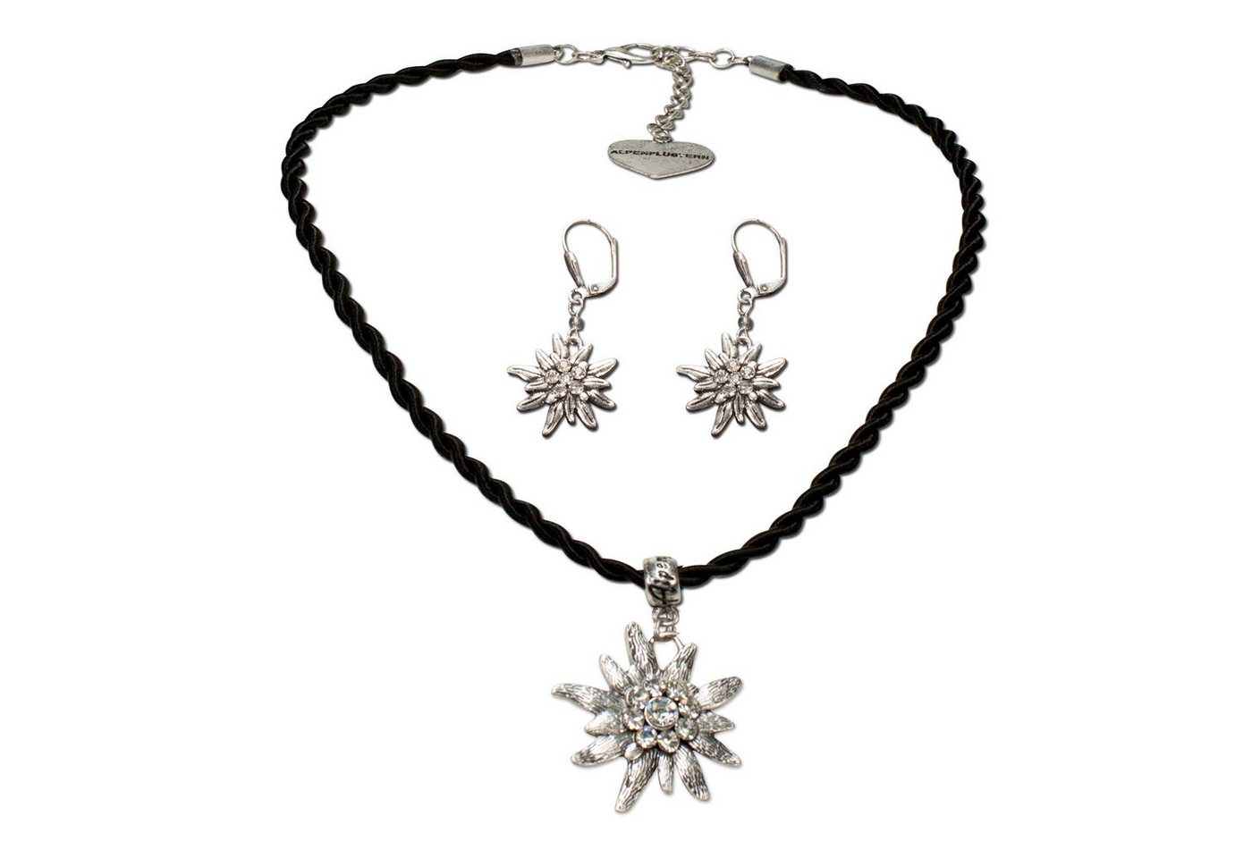 Alpenflüstern Ketten-Set Trachtenschmuck-Set Kordel-Trachtenkette und Ohrhänger Strass-Edelweiß (schwarz), - Damen-Trachten-Schmuck, Trachtenset Dirndl-Kette und Trachten-Ohrringe von Alpenflüstern