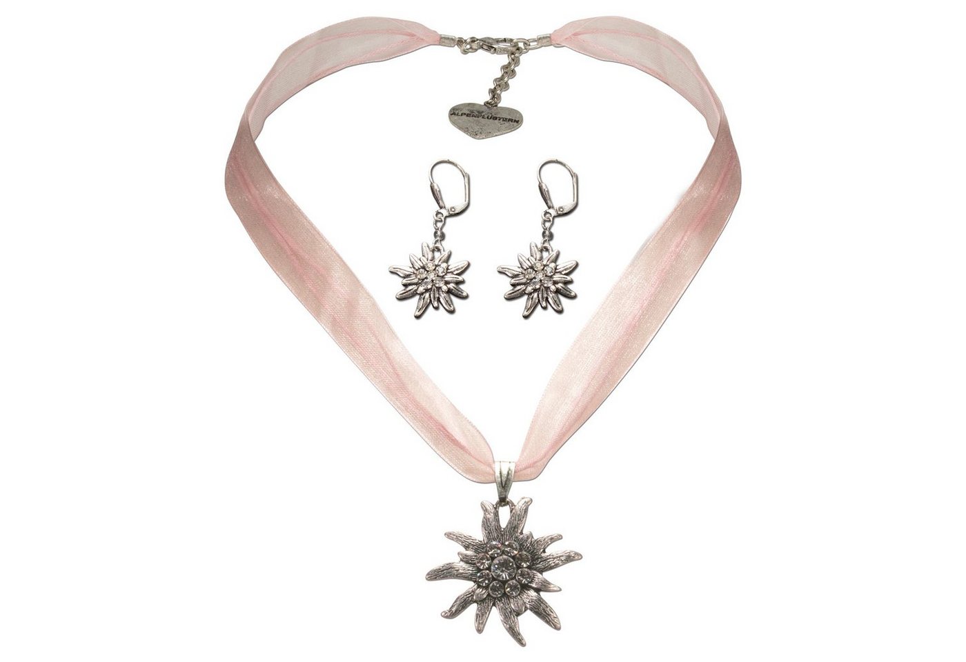 Alpenflüstern Ketten-Set Trachtenschmuck-Set Organza-Trachtenkette und Ohrhänger Strass-Edelweiß (rosa-ros), - Damen-Trachten-Schmuck, Trachtenset Dirndl-Kette und Trachten-Ohrringe von Alpenflüstern