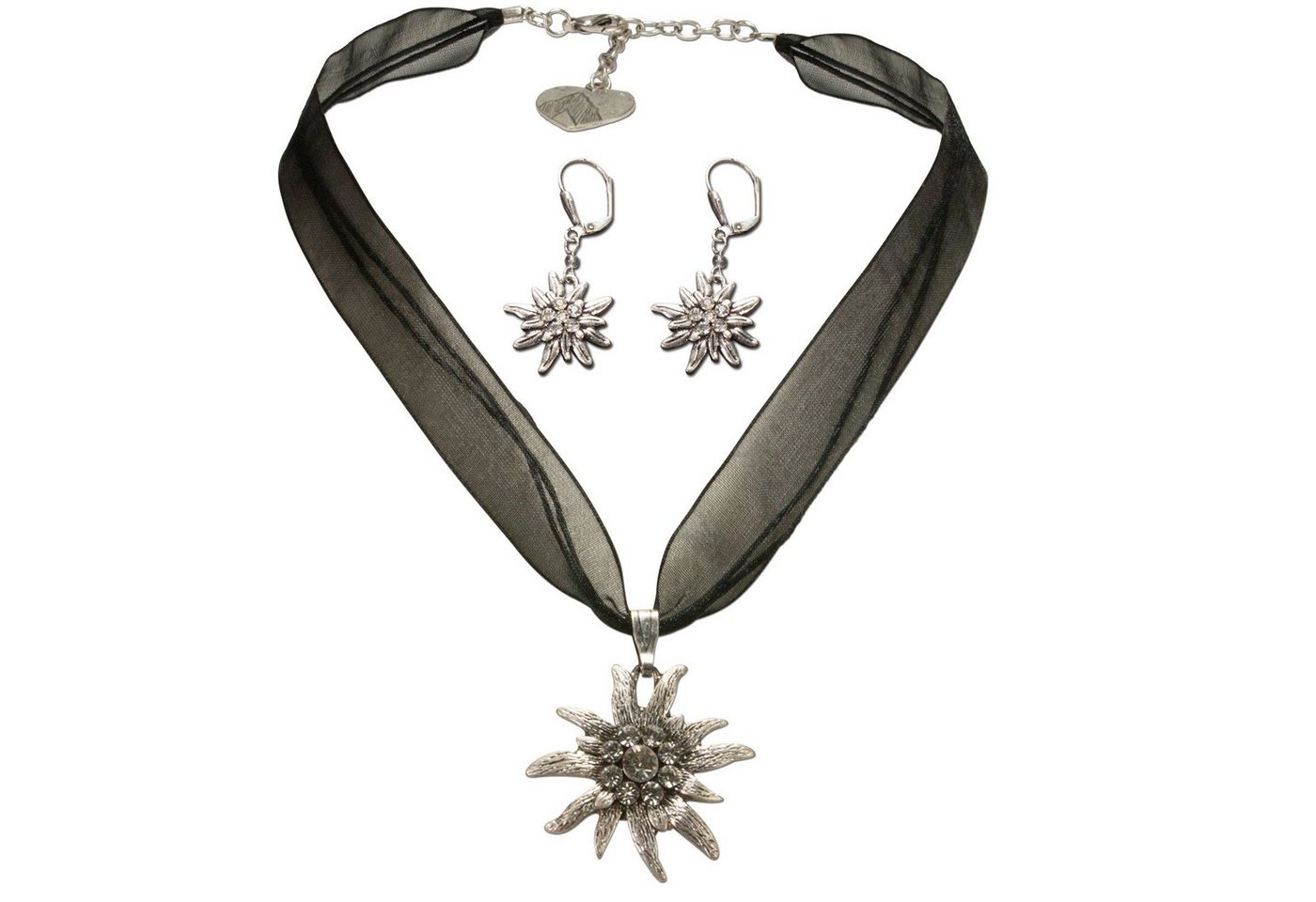 Alpenflüstern Ketten-Set Trachtenschmuck-Set Organza-Trachtenkette und Ohrhänger Strass-Edelweiß (schwarz), - Damen-Trachten-Schmuck, Trachtenset Dirndl-Kette und Trachten-Ohrringe von Alpenflüstern