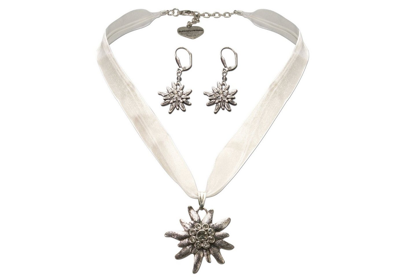 Alpenflüstern Ketten-Set Trachtenschmuck-Set Organza-Trachtenkette und Ohrhänger Strass-Edelweiß (weiß), - Damen-Trachten-Schmuck, Trachtenset Dirndl-Kette und Trachten-Ohrringe von Alpenflüstern