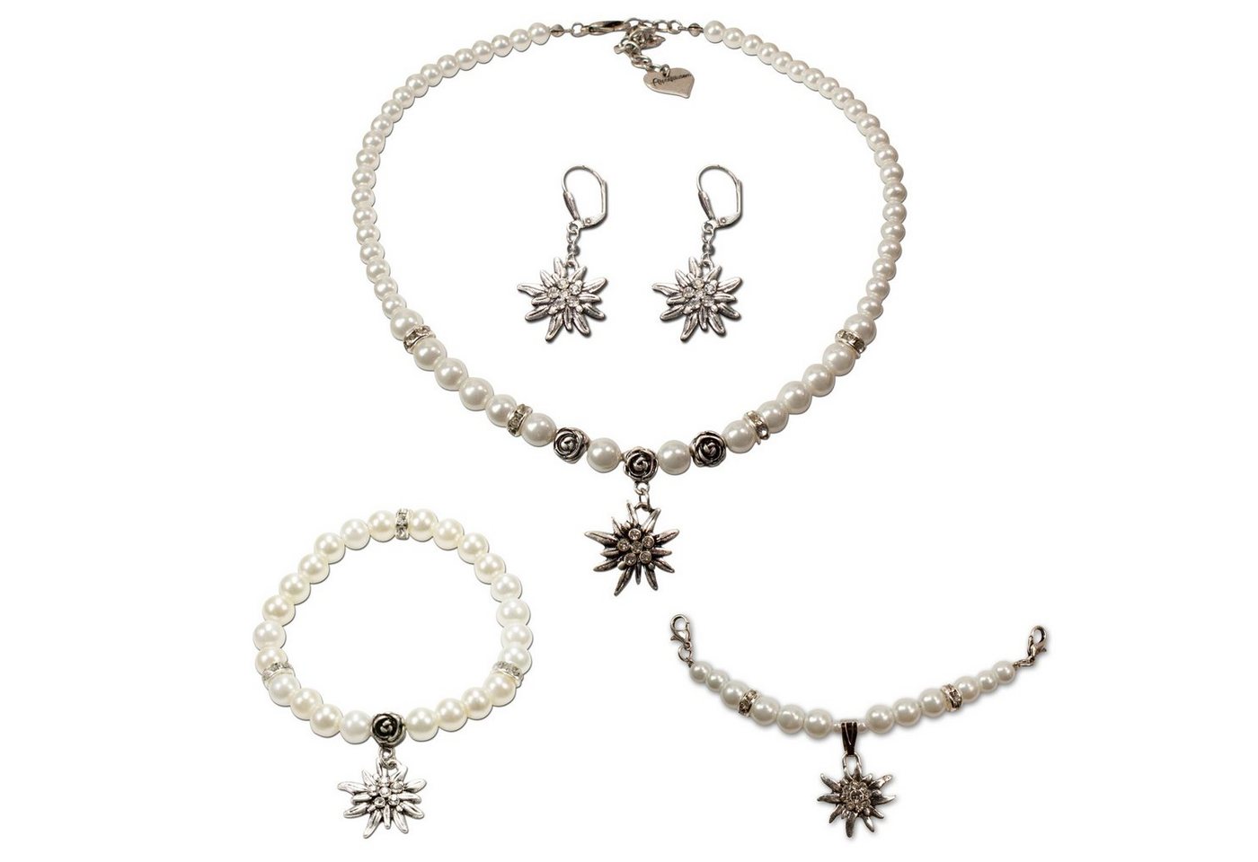 Alpenflüstern Ketten-Set Trachtenschmuck-Set Perlen-Trachtenkette, Armband, Charivari und Ohrhänger Strass-Edelweiß (creme-weiß), - Damen-Trachten-Schmuck, Trachtenset von Alpenflüstern