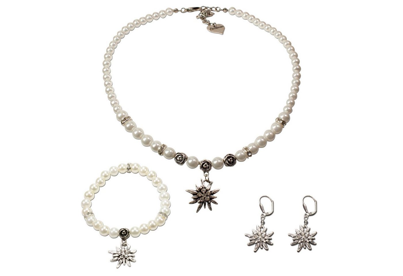 Alpenflüstern Ketten-Set Trachtenschmuck-Set Perlen-Trachtenkette, Armband & Ohrhänger Strass-Edelweiß (creme-weiß), - Damen Trachten-Schmuck, Trachtenset Dirndl-Kette, Armkette, Ohrringe von Alpenflüstern