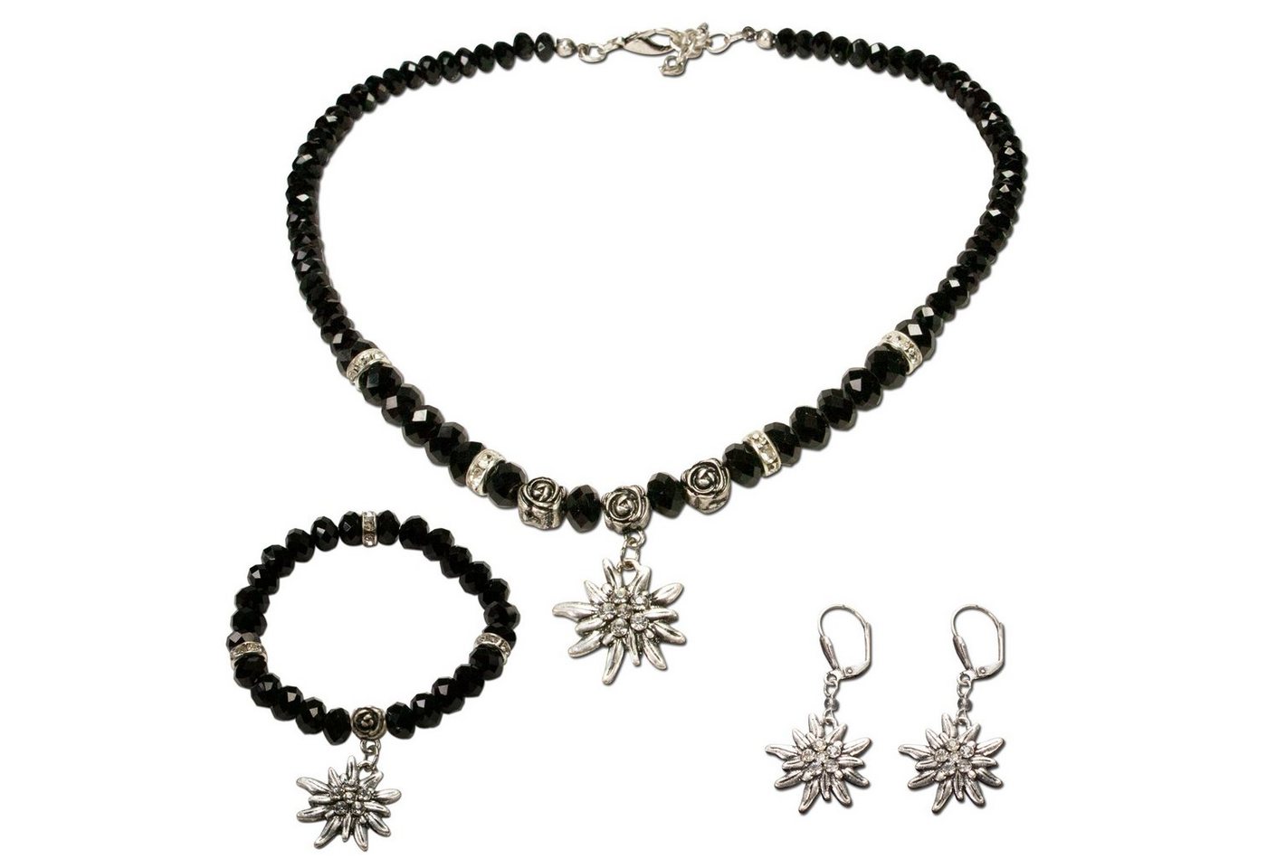 Alpenflüstern Ketten-Set Trachtenschmuck-Set Perlen-Trachtenkette, Armband & Ohrhänger Strass-Edelweiß (schwarz), - Damen Trachten-Schmuck, Trachtenset Dirndl-Kette, Armkette, Ohrringe von Alpenflüstern