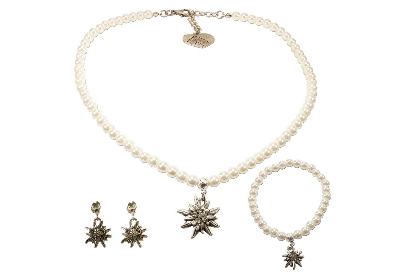 Alpenflüstern Ketten-Set Trachtenschmuck-Set Perlen-Trachtenkette, Trachten-Armband und Trachten-Ohrhänger Strass-Edelweiss (creme-weiß), - Damen-Trachten-Schmuck, Trachtenset Kette, Armkette und Ohrringe von Alpenflüstern