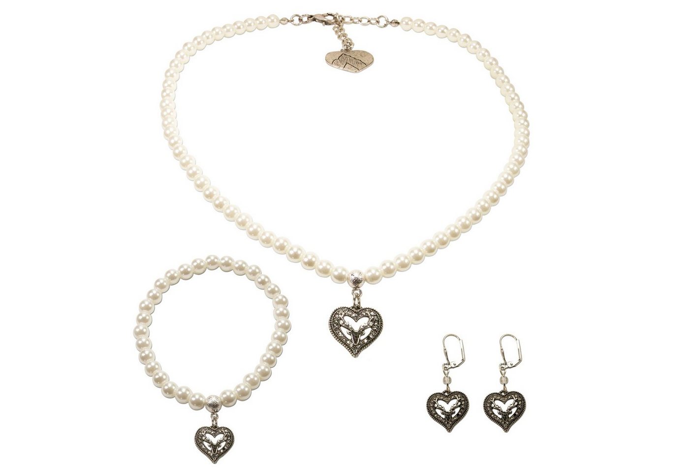 Alpenflüstern Ketten-Set Trachtenschmuck-Set Perlen-Trachtenkette, Trachten-Armband und Trachten-Ohrhänger Strassherz-Hirsch (creme-weiß), - Damen-Trachten-Schmuck, Trachtenset von Alpenflüstern