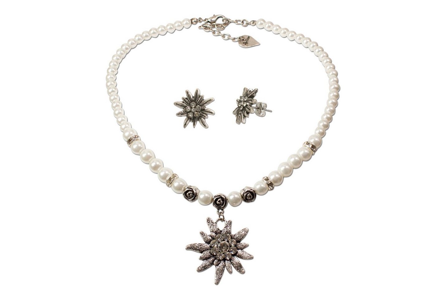 Alpenflüstern Ketten-Set Trachtenschmuck-Set Perlen-Trachtenkette und Ohrstecker Strass-Edelweiß (creme-weiß), - Damen-Trachten-Schmuck, Trachtenset Dirndl-Kette und Trachten-Ohrringe von Alpenflüstern