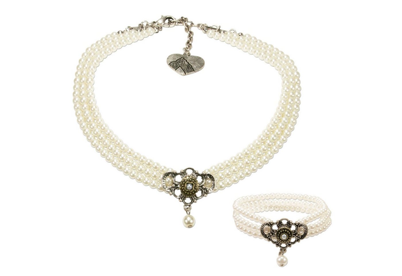 Alpenflüstern Ketten-Set Trachtenschmuck-Set Perlen-Trachtenkette und Trachten-Armband Hedwig (creme-weiß), - Damen-Trachten-Schmuck, Trachtenset Dirndl-Kette und Trachten-Armkette von Alpenflüstern