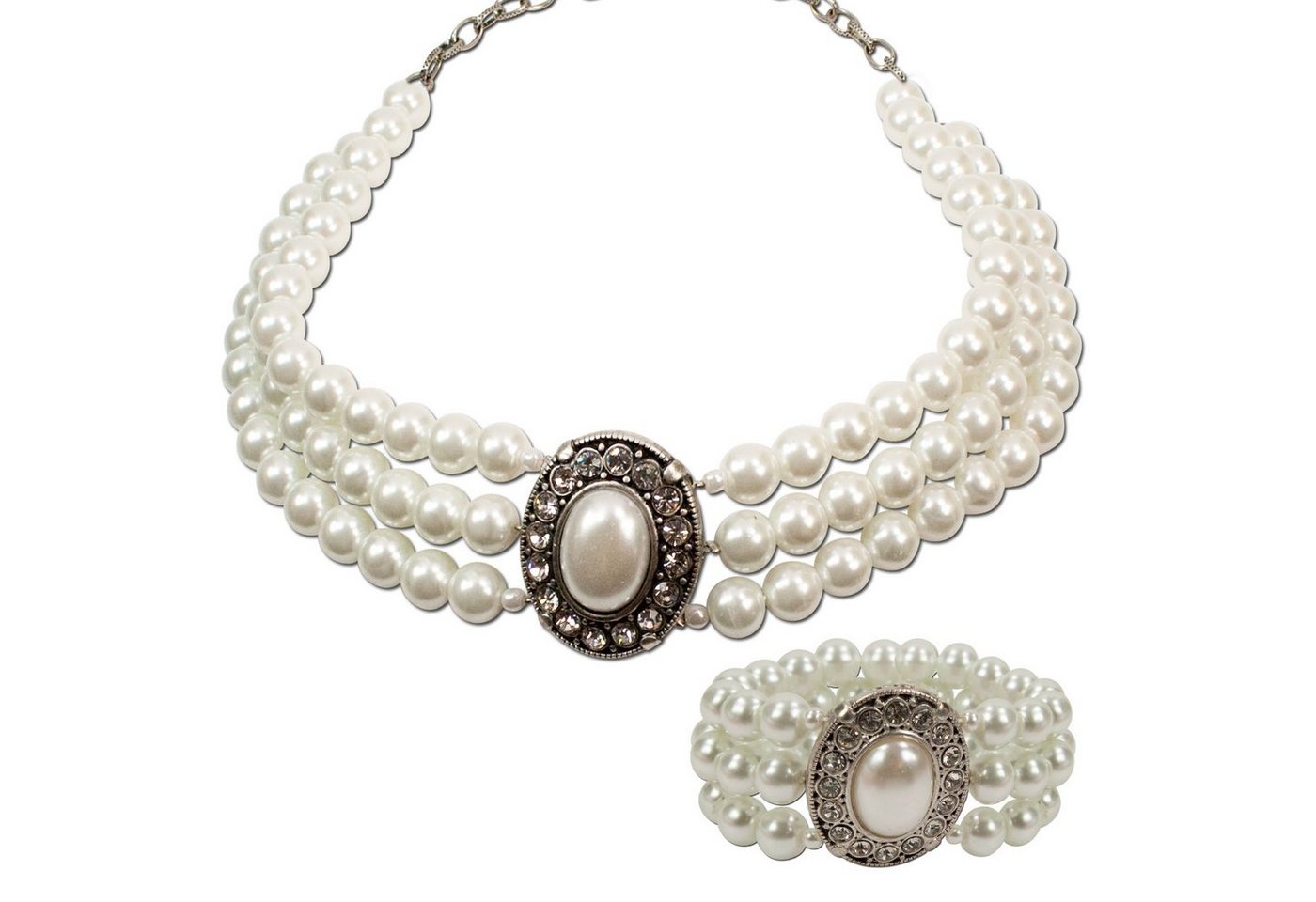 Alpenflüstern Ketten-Set Trachtenschmuck-Set Perlen-Trachtenkette und Trachten-Armband Sissi (creme-weiß), - Damen-Trachten-Schmuck, Trachtenset Dirndl-Kette und Trachten-Armkette von Alpenflüstern