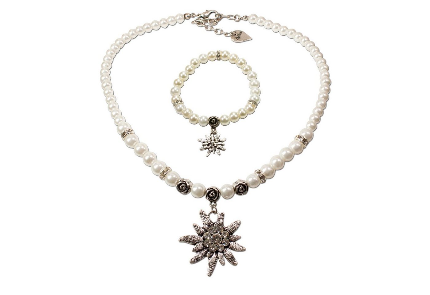 Alpenflüstern Ketten-Set Trachtenschmuck-Set Perlen-Trachtenkette und Trachten-Armband Strass-Edelweiß (creme-weiß), - Damen-Trachten-Schmuck, Trachtenset Dirndl-Kette und Trachten-Armkette von Alpenflüstern