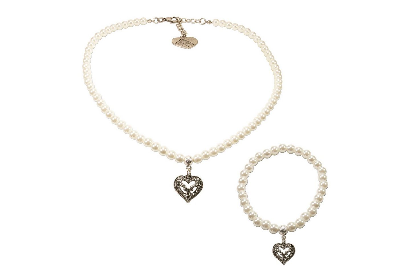Alpenflüstern Ketten-Set Trachtenschmuck-Set Perlen-Trachtenkette und Trachten-Armband Strassherz-Hirsch (creme-weiß), - Damen-Trachten-Schmuck, Trachtenset Dirndl-Kette und Trachten-Armkette von Alpenflüstern