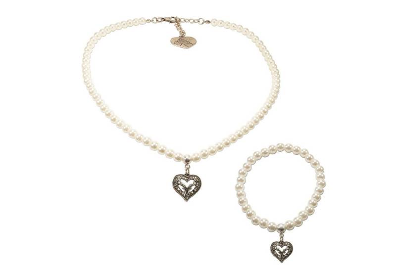 Alpenflüstern Ketten-Set Trachtenschmuck-Set Perlen-Trachtenkette und Trachten-Armband Strassherz-Hirsch (creme-weiß), - Damen-Trachten-Schmuck, Trachtenset Dirndl-Kette und Trachten-Armkette von Alpenflüstern