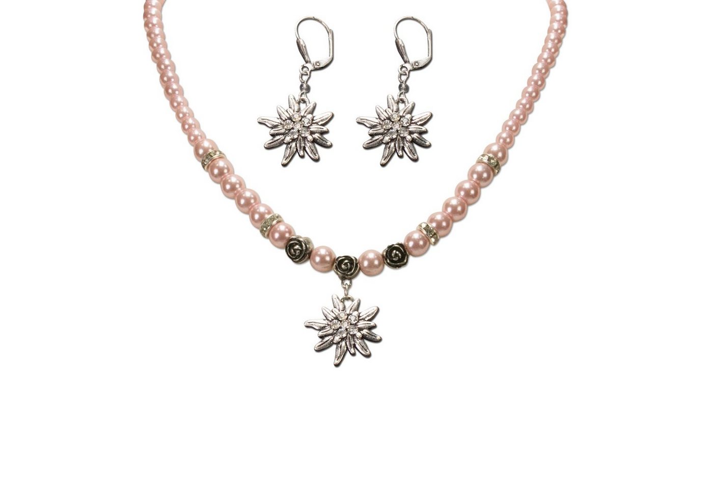 Alpenflüstern Ketten-Set Trachtenschmuck-Set Perlen-Trachtenkette und Trachten-Ohrhänger Strass-Edelweiß (rosé-rosa), - Damen-Trachten-Schmuck, Trachtenset Dirndl-Kette und Trachten-Ohrringe von Alpenflüstern