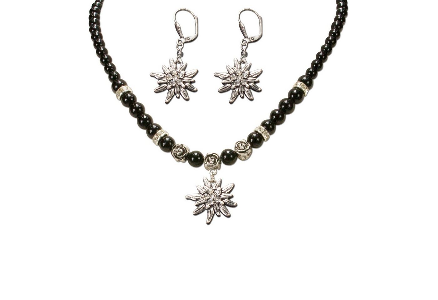 Alpenflüstern Ketten-Set Trachtenschmuck-Set Perlen-Trachtenkette und Trachten-Ohrhänger Strass-Edelweiß (schwarz), - Damen-Trachten-Schmuck, Trachtenset Dirndl-Kette und Trachten-Ohrringe von Alpenflüstern