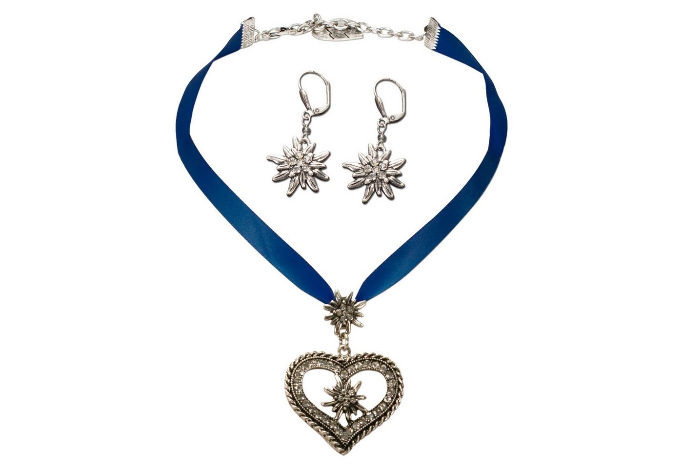 Alpenflüstern Ketten-Set Trachtenschmuck-Set Satin-Trachtenkette Strassedelweissherz und Trachten-Ohrhänger Strass-Edelweiss (blau), - Damen-Trachten-Schmuck, Trachtenset Trachtenkette und Trachten-Ohrringe von Alpenflüstern