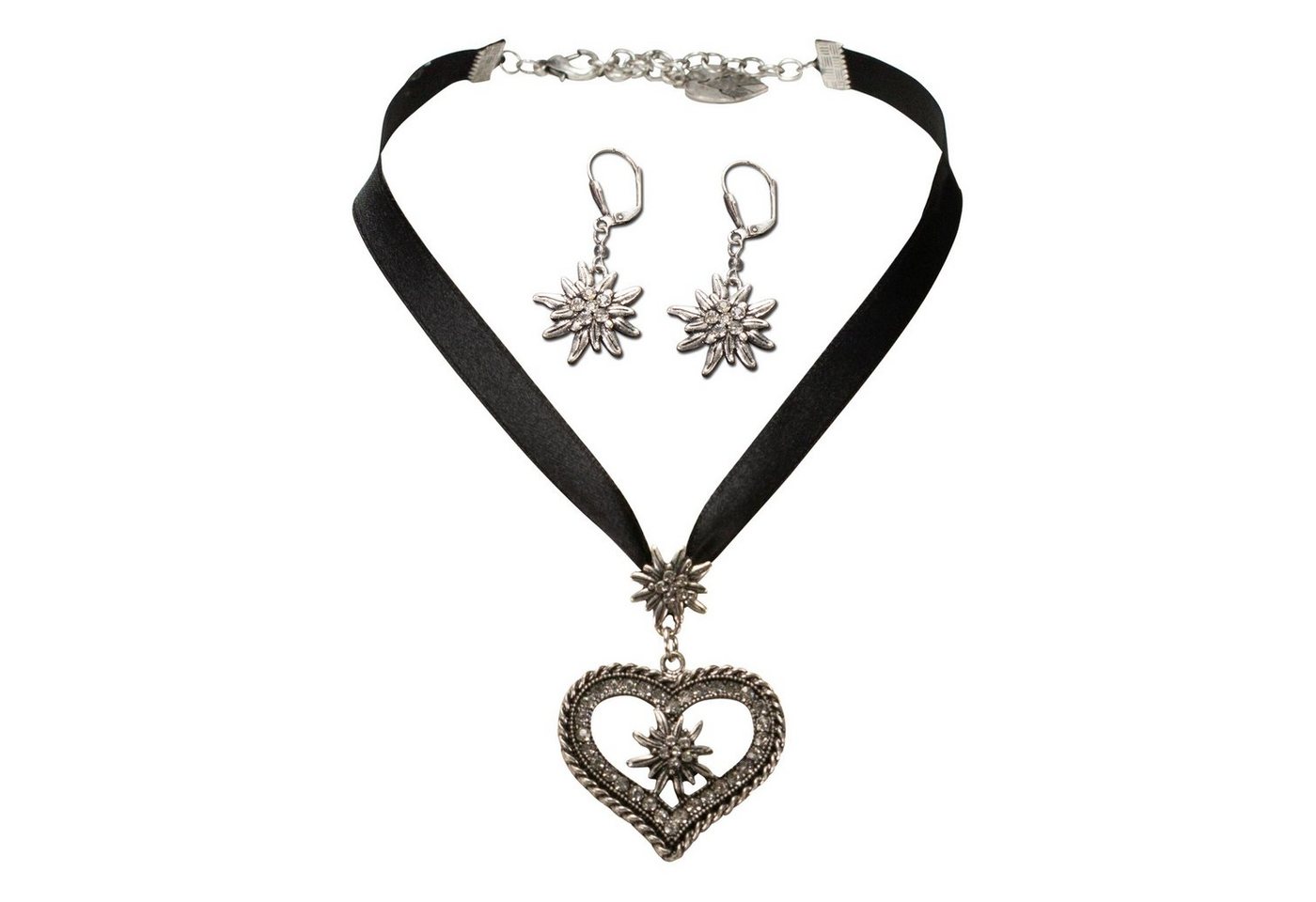 Alpenflüstern Ketten-Set Trachtenschmuck-Set Satin-Trachtenkette Strassedelweissherz und Trachten-Ohrhänger Strass-Edelweiss (schwarz), - Damen-Trachten-Schmuck, Trachtenset Kette und Trachten-Ohrringe von Alpenflüstern