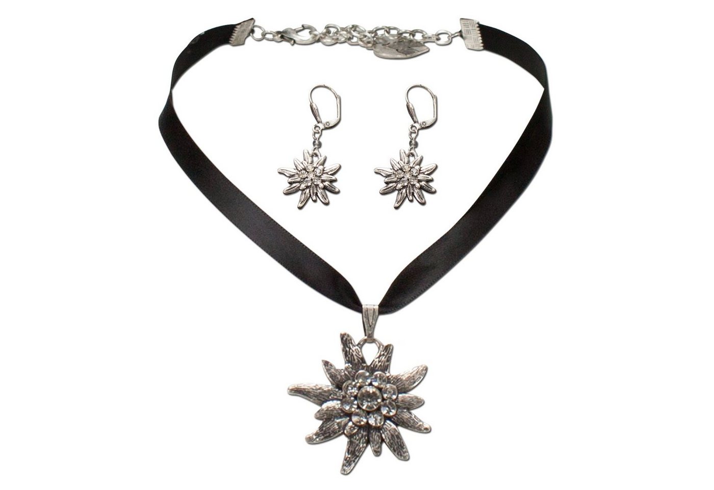 Alpenflüstern Ketten-Set Trachtenschmuck-Set Satin-Trachtenkette und Ohrhänger Strass-Edelweiß (schwarz), - Damen-Trachten-Schmuck, Trachtenset Dirndl-Kette und Trachten-Ohrringe von Alpenflüstern