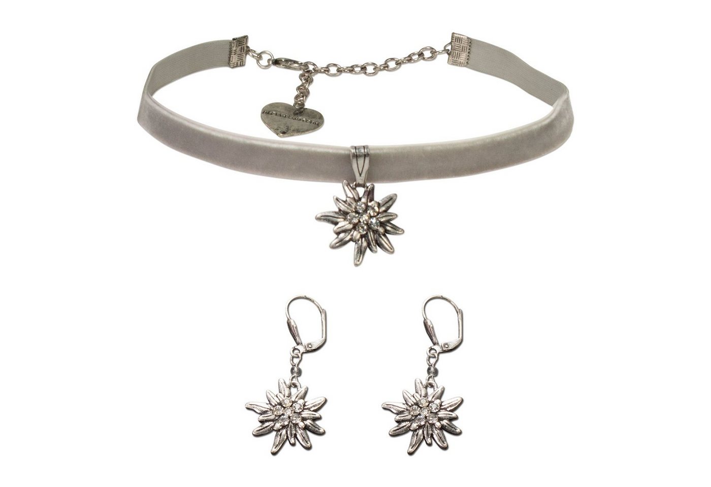 Alpenflüstern Ketten-Set Trachtenschmuck-Set Trachten-Samt-Kropfband und Ohrhänger Strass-Edelweiß (grau), - Damen-Trachten-Schmuck, Trachtenset Trachtenkette und Trachten-Ohrringe von Alpenflüstern