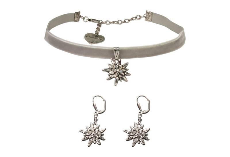Alpenflüstern Ketten-Set Trachtenschmuck-Set Trachten-Samt-Kropfband und Ohrhänger Strass-Edelweiß (grau), - Damen-Trachten-Schmuck, Trachtenset Trachtenkette und Trachten-Ohrringe von Alpenflüstern