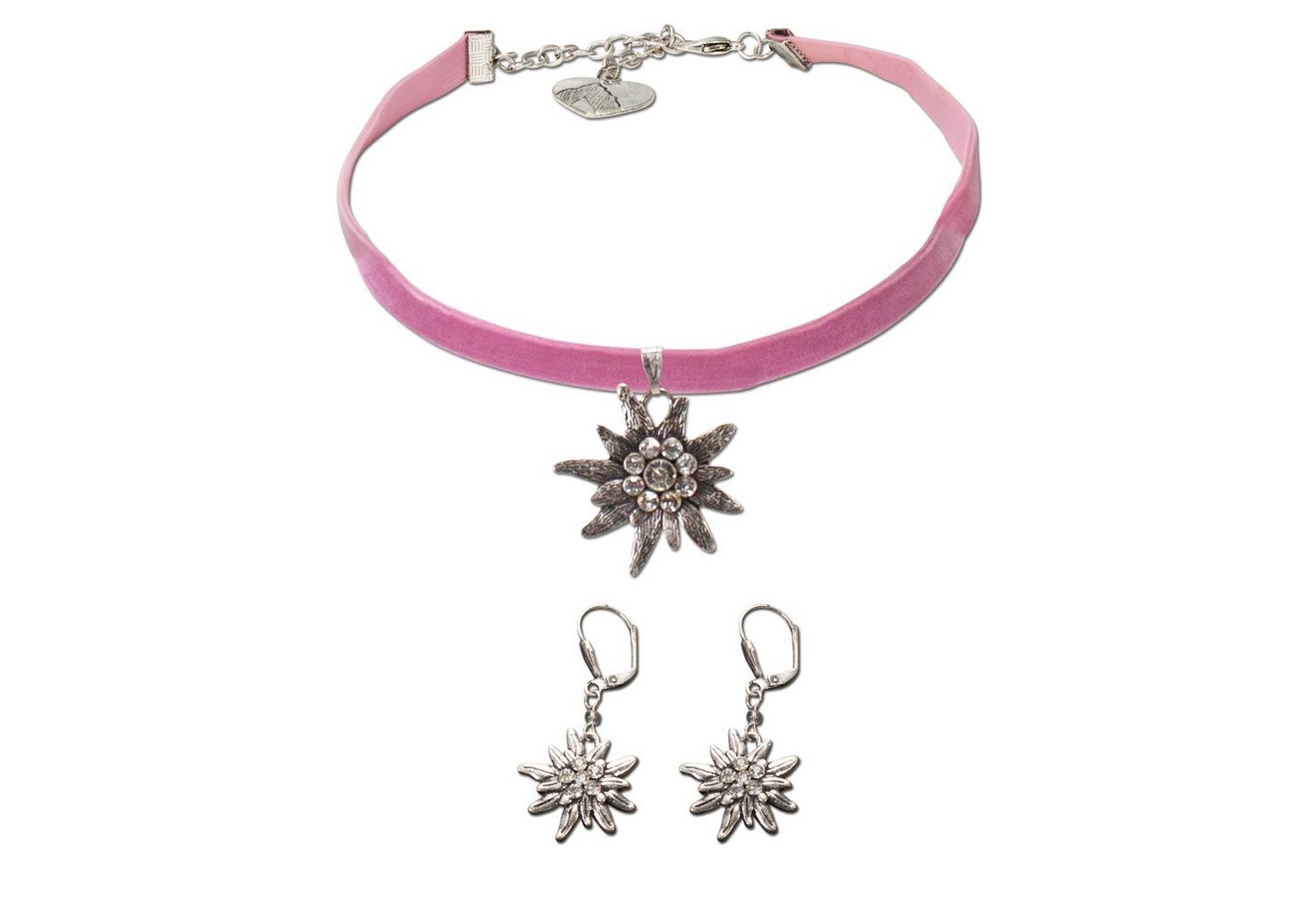 Alpenflüstern Ketten-Set Trachtenschmuck-Set Trachten-Samt-Kropfband und Ohrhänger Strass-Edelweiß (rosa-ros), - Damen-Trachten-Schmuck, Trachtenset Trachtenkette und Trachten-Ohrringe von Alpenflüstern