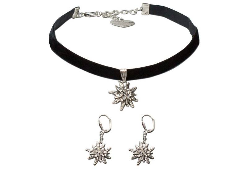 Alpenflüstern Ketten-Set Trachtenschmuck-Set Trachten-Samt-Kropfband und Ohrhänger Strass-Edelweiß (schwarz), - Damen-Trachten-Schmuck, Trachtenset Trachtenkette und Trachten-Ohrringe von Alpenflüstern