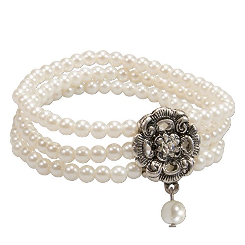 Alpenflüstern Perlen-Trachten-Armband Frederike - elastische mehrreihige Trachten-Armkette mit Strass-Mittelteil, eleganter Damen-Trachtenschmuck, Perlenarmband Creme-weiß DAB056 von Alpenflüstern