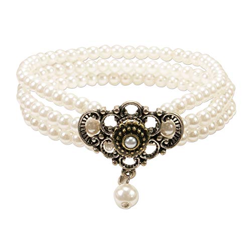 Alpenflüstern Perlen-Trachten-Armband Hedwig - elastische mehrreihige Trachten-Armkette mit Strass-Mittelteil, eleganter Damen-Trachtenschmuck, Perlenarmband creme-weiß DAB058 von Alpenflüstern