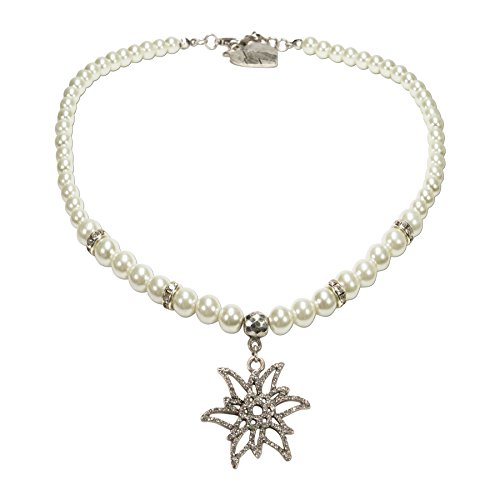 Alpenflüstern Perlen-Trachtenkette Glitzer-Edelweiß - Damen-Trachtenschmuck mit mit filigranem Strass-Edelweiß, elegante Dirndlkette creme-weiß DHK215 von Alpenflüstern