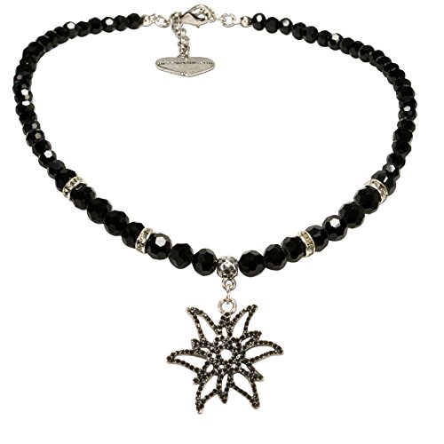 Alpenflüstern Perlen-Trachtenkette Glitzer-Edelweiß - Damen-Trachtenschmuck mit mit filigranem Strass-Edelweiß, elegante Dirndlkette schwarz DHK215 von Alpenflüstern